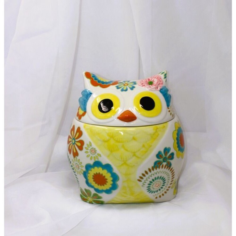D/C'd Pier 1 Imports Owl Cookie Jar Hand Painted Stoneware 9.5" Summer Decore